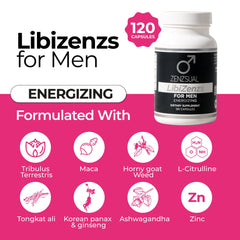 ZENZSUAL LibiZenzs Men label close-up highlights ginseng and maca ingredients.