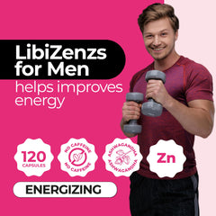 ZENZSUAL LibiZenzs Men capsules close-up shows gluten-free supplement form.