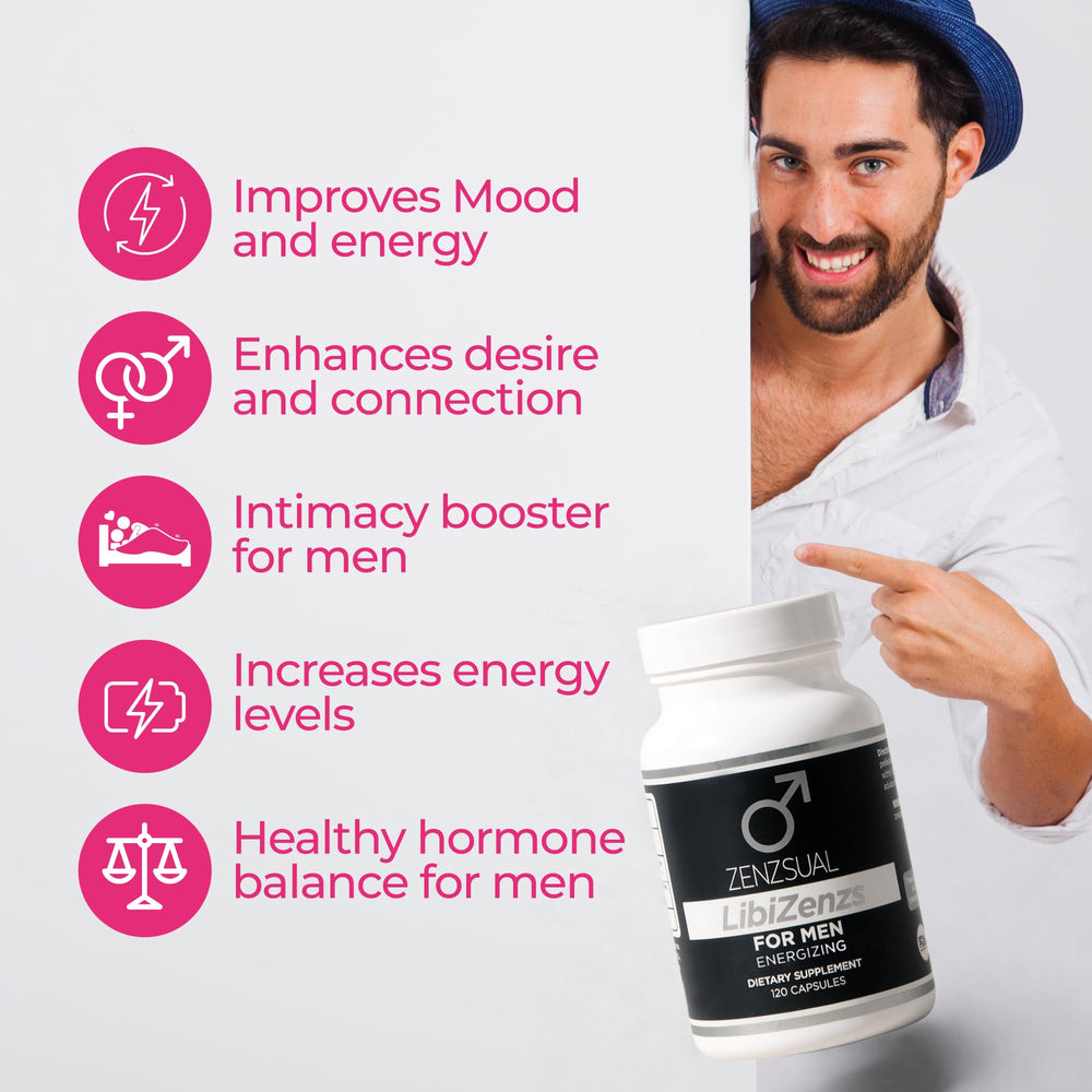 ZENZSUAL LibiZenzs Men ingredients chart indicates maca, ashwagandha, ginseng mix.
