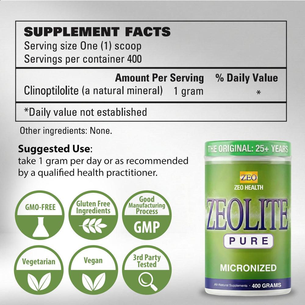 Zeolite Pure glass-jar illustrates premium detox routine with clean minerals
