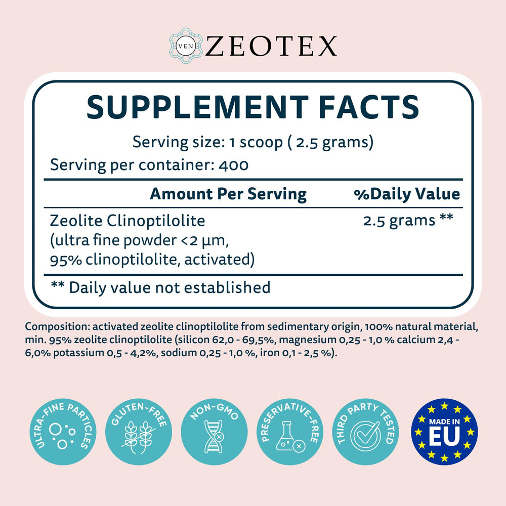 Close-up of Zeotex packaging highlights EU-sourced mineral purity and natural detox formula.