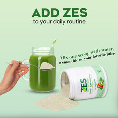 ZES Nutrition greens powder close-up reveals vibrant, fine green powder.