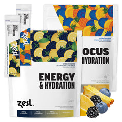 ZEST energy and focus variety pack label highlighting two blends for hydration and focus