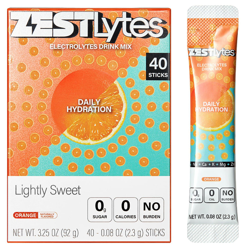 ZestLytes orange packet label, ideal for daily, zero-calorie hydration.