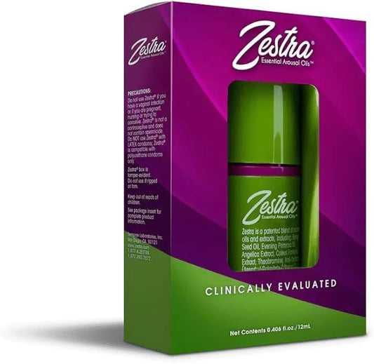 Zestra Essential Arousal Oil bottle—front view, highlighting a natural, non-hormonal formula.