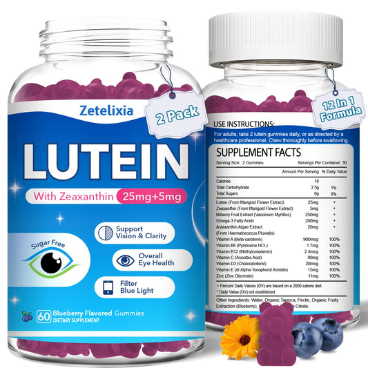 Zetelixia 2-pack lutein gummies bottle for daily eye health support.
