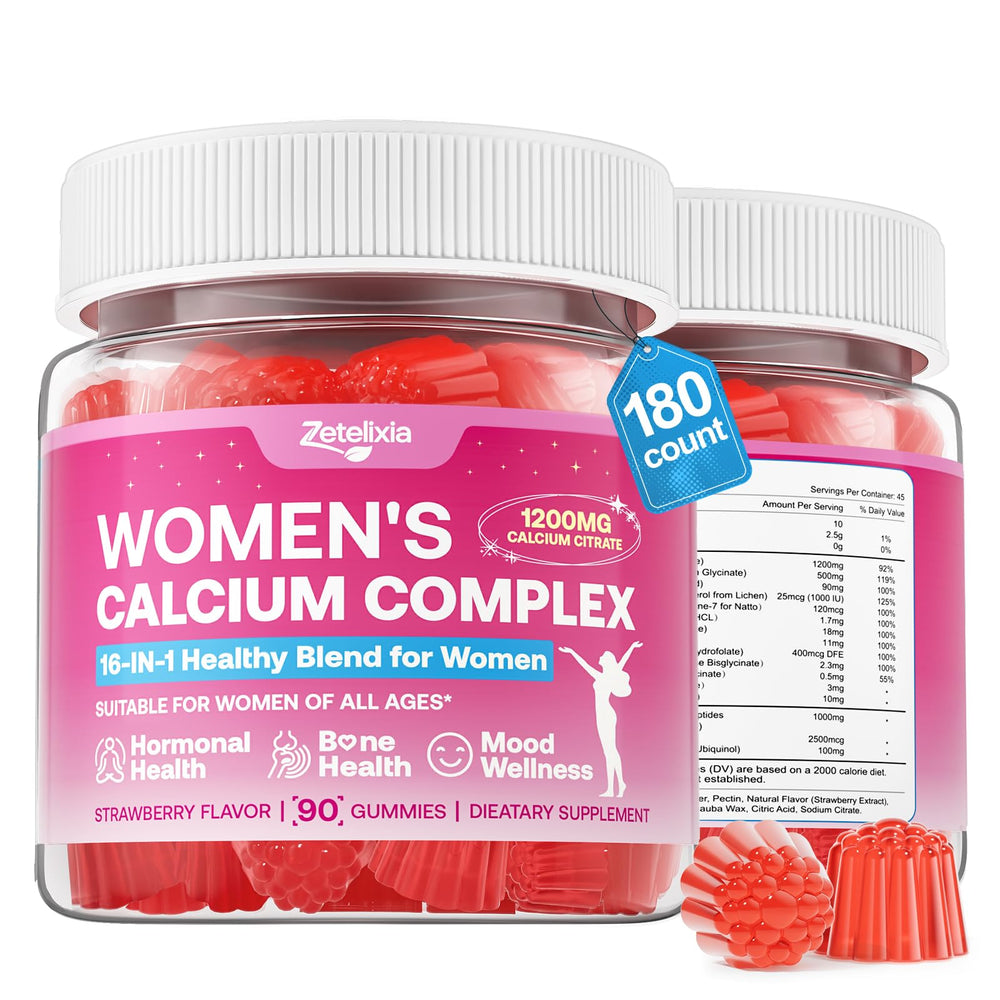 Zetelixia calcium gummies women bottle front with strawberry flavor for everyday use