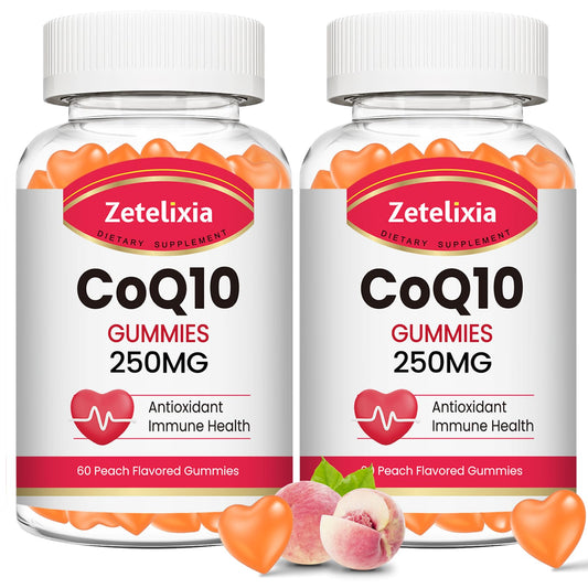 Zetelixia CoQ10 gummies peach bottle 2-pack for daily energy support.