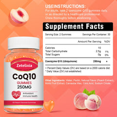 Zetelixia CoQ10 gummies peach bottle open showing easy-to-digest supplement.