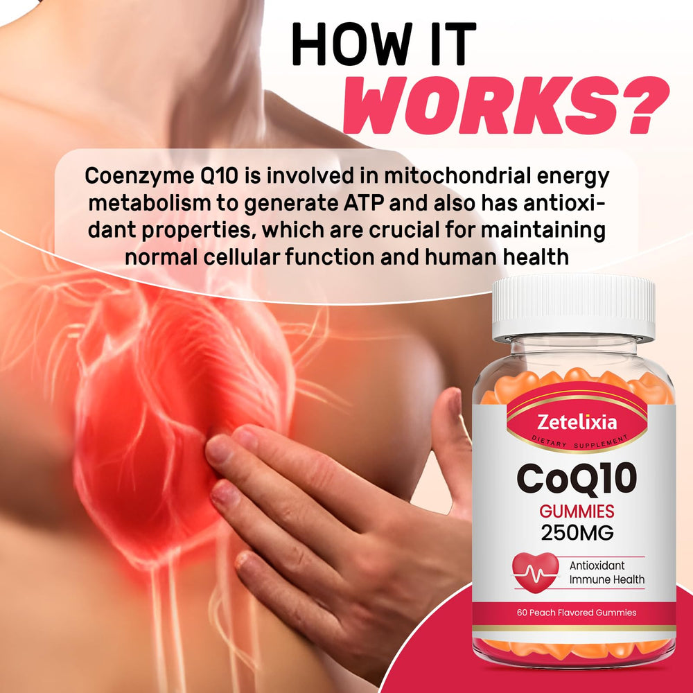 Zetelixia CoQ10 gummies peach scoop illustrating dosage and absorption.