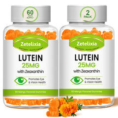 Zetelixia Lutein Gummies bottle front shows mango flavor for daily eye support.