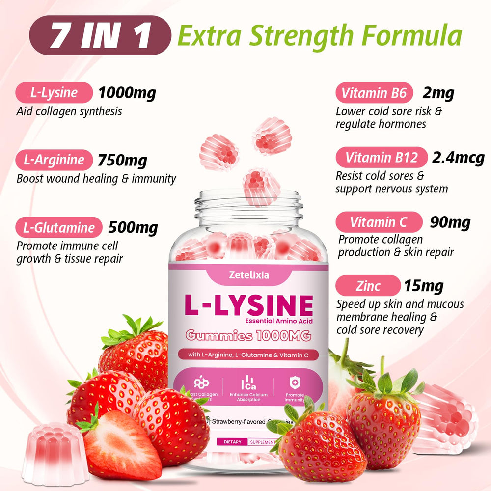 Zetelixia Lysine Gummies packaging front showing quality credentials