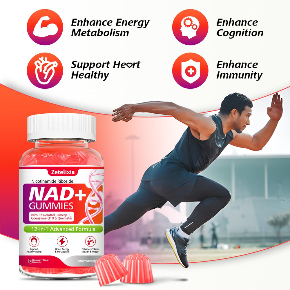 Zetelixia NAD Gummies ingredient list closeup featuring NR, Resveratrol and CoQ10