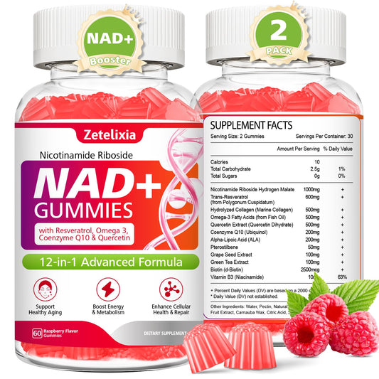 Zetelixia NAD Gummies packaging display highlighting the 12-in-1 formula for daily energy