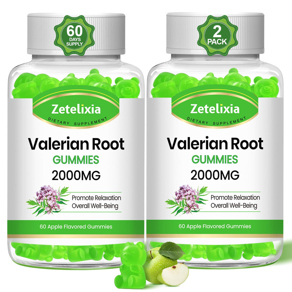 Zetelixia valerian gummies bottle front, highlighting calming relaxation and apple flavor.