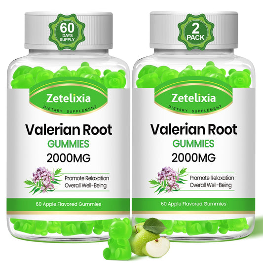 Zetelixia valerian gummies bottle front, highlighting calming relaxation and apple flavor.