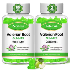 Zetelixia valerian gummies bottle front, highlighting calming relaxation and apple flavor.