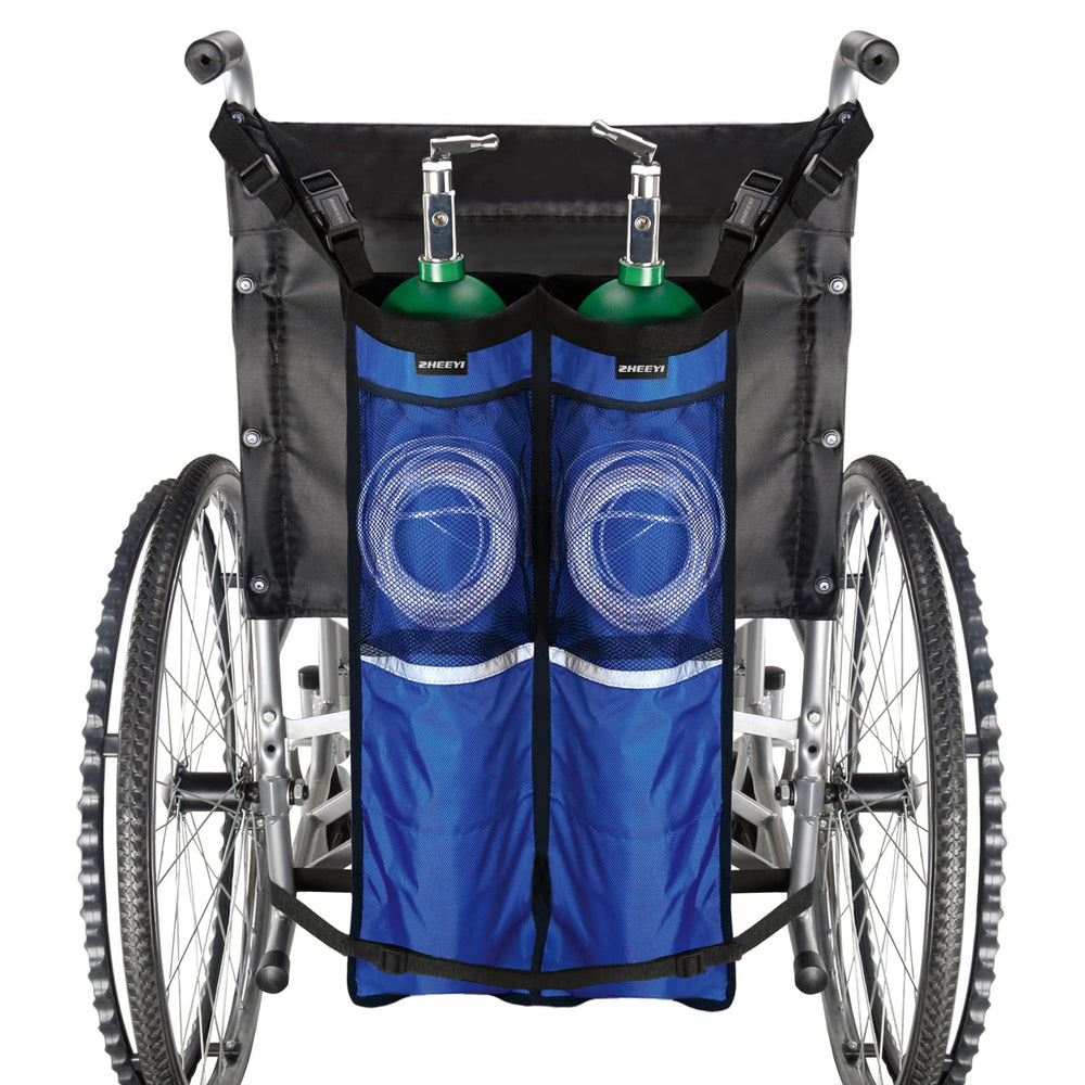 ZHEEYI dual oxygen tank holder on wheelchair in blue, front view.