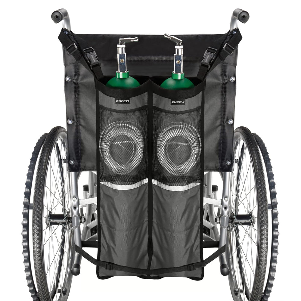 ZHEEYI dual oxygen-tank bag on a wheelchair with a secure strap for easy transport