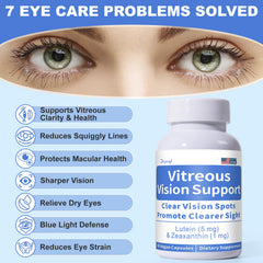 Closeup of Zhizaiql Eye Vitamin capsules highlighting vegan, gluten-free daily formula.