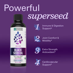 ZHOU black seed oil bottle pour closeup showing antioxidant-rich oil