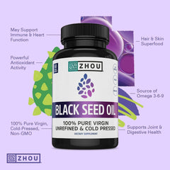 ZHOU black seed oil label closeup highlighting brand and purity