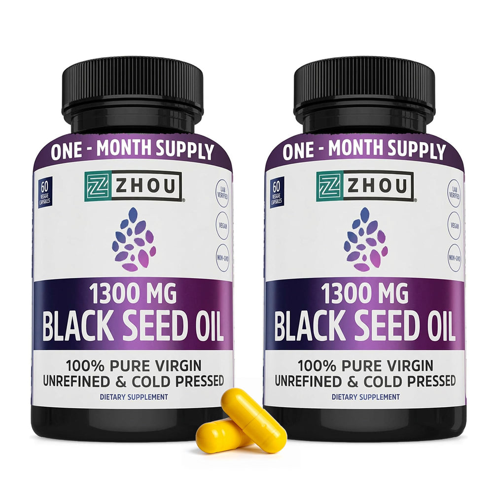 ZHOU blackseed oil capsules in a bottle for premium skin and hair support