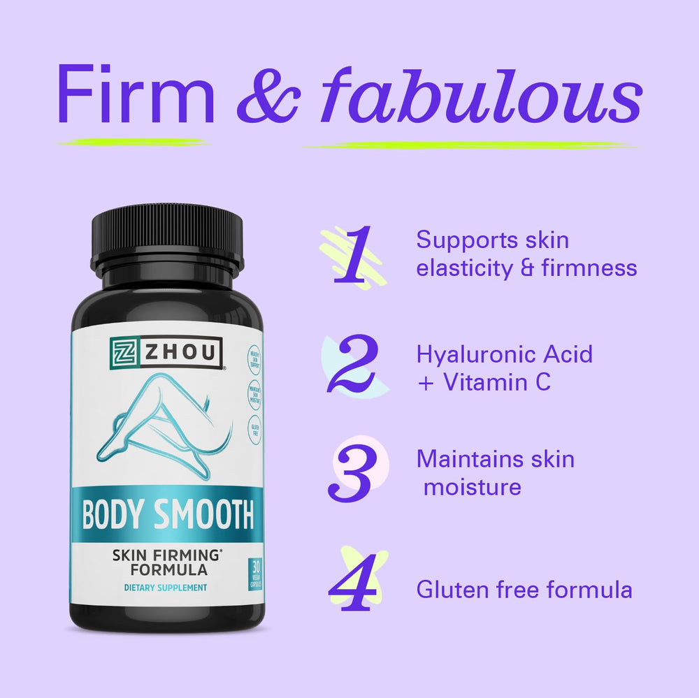 Zhou Body Smooth Dimpless capsule illustrating potential cellulite appearance reduction with healthy habits
