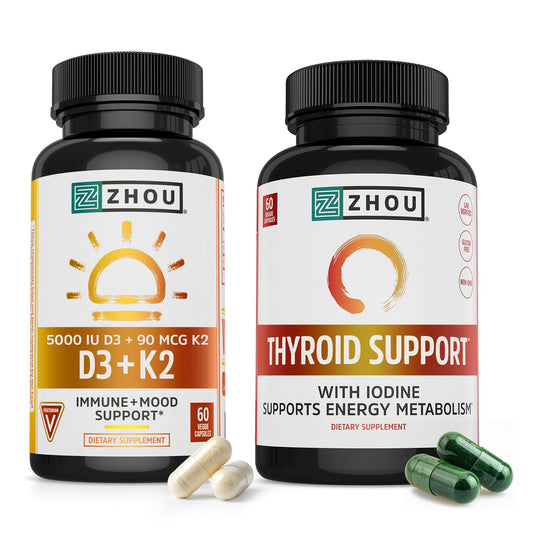 Zhou D3 + K2 bottle front, showing daily immune support potential.