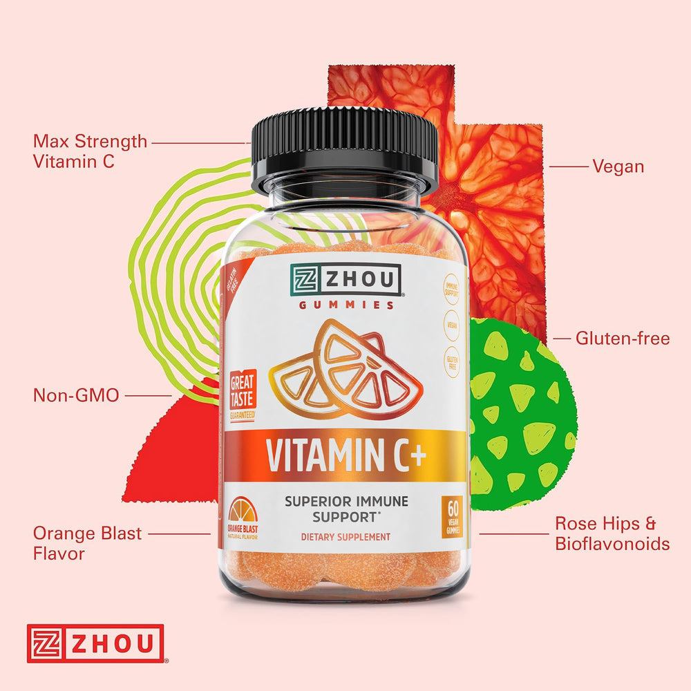ZHOU Daily Immune Support gummies for adults and kids on a kitchen counter