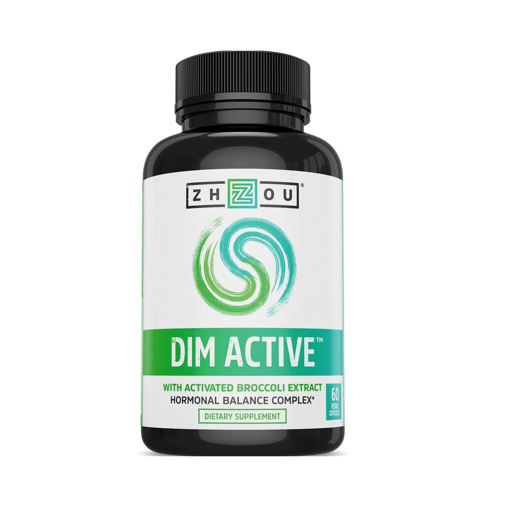 Zhou DIM Active bottle front displaying 60 vegan capsules for hormone balance.