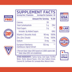 ZHOU Elder-Mune Gummies bottle-back reveals ingredients and serving details for a 3 in 1 blend