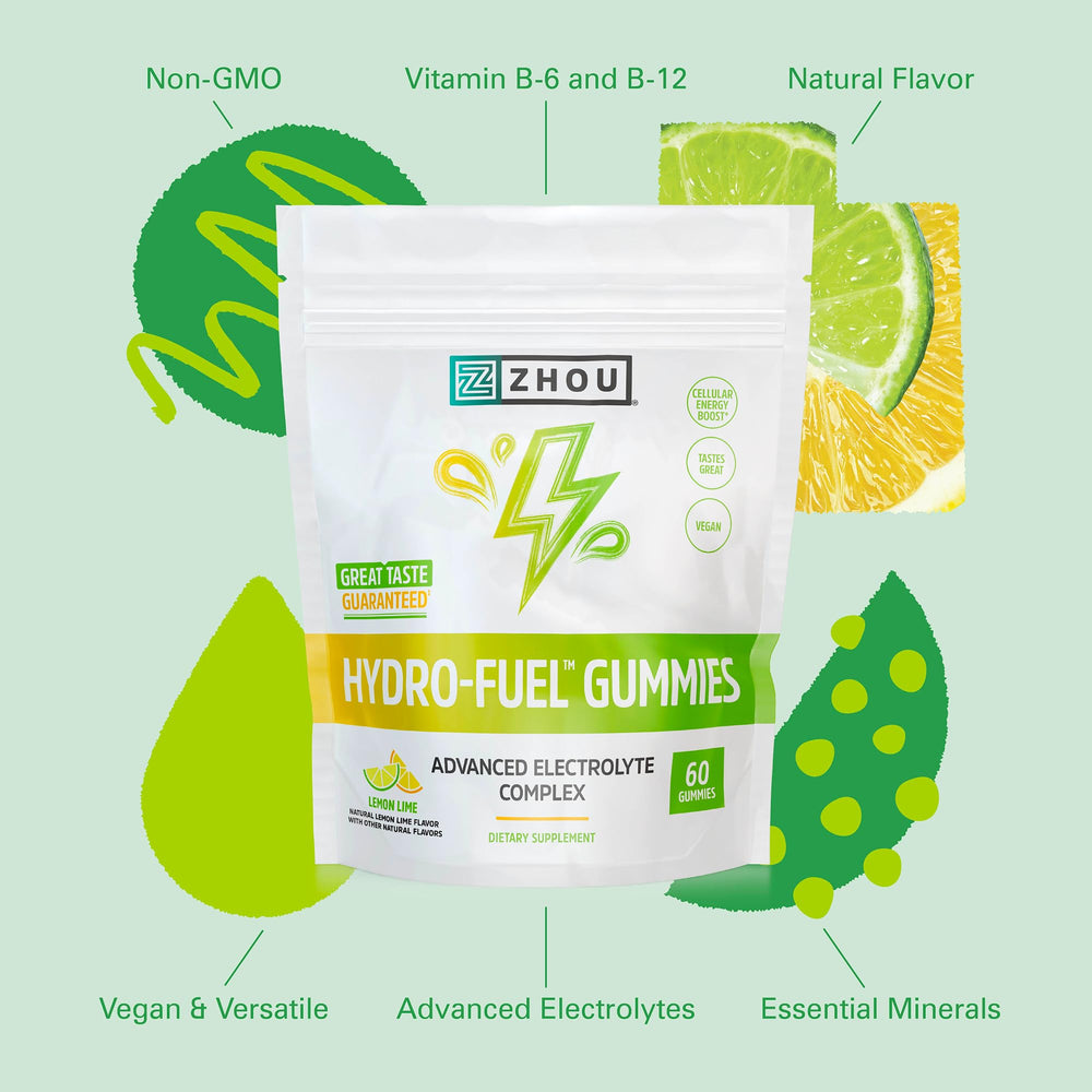 Zhou Hydro-Fuel Gummies packaging highlights vegan and caffeine-free formulation.
