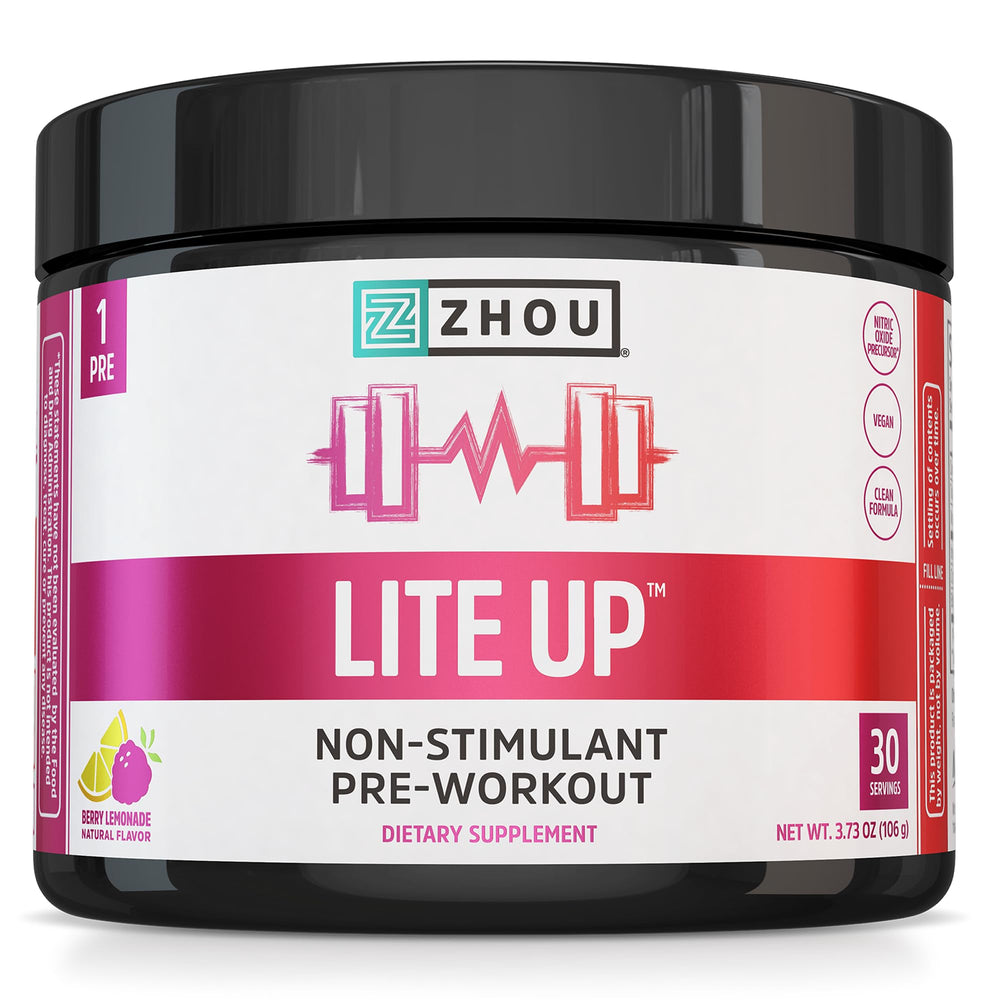 ZHOU Lite Up bottle with scoop showing convenient non-stim support for workouts