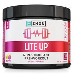 ZHOU Lite Up bottle with scoop showing convenient non-stim support for workouts