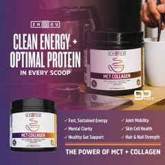 Zhou MCT Collagen powder vanilla shake glass shows easy mix for daily energy.