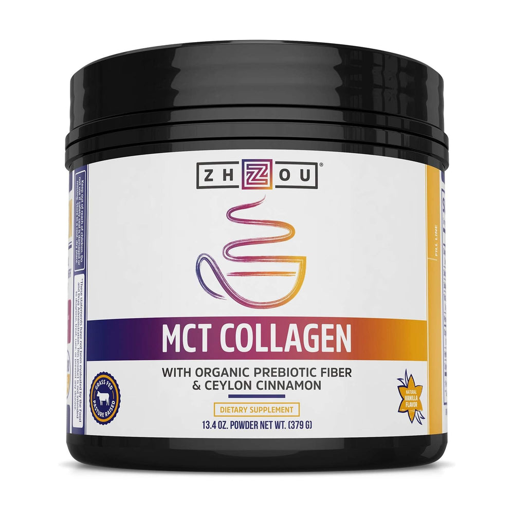 Zhou MCT Collagen powder vanilla tub supports hair, skin, joints, and nails.