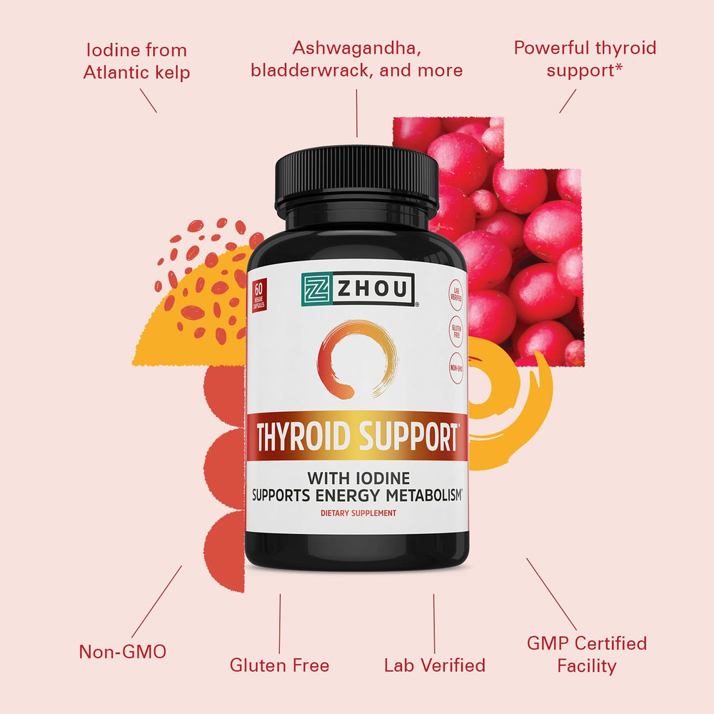 ZHOU Thyroid Support with ashwagandha and bladderwrack for herbal balance.