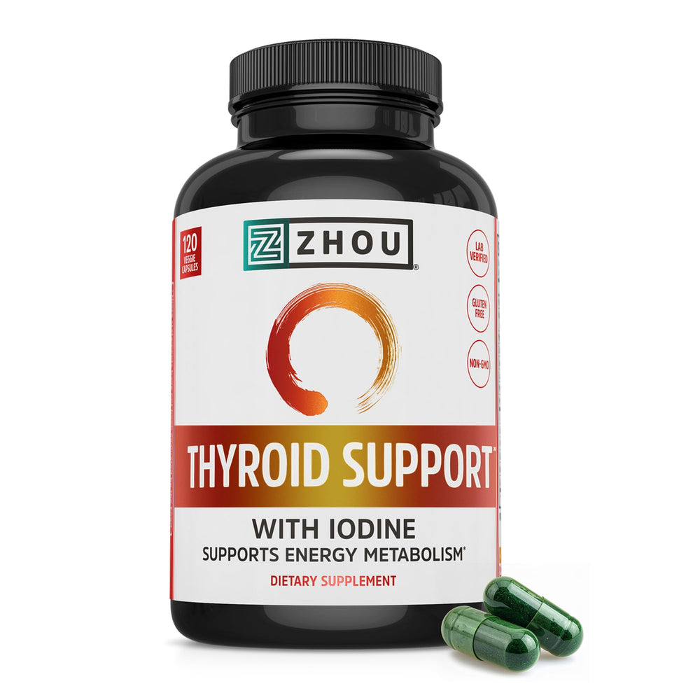 ZHOU Thyroid Support bottle front view promotes thyroid health and energy.