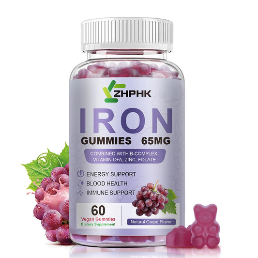 ZHPHK grape iron gummies in a bottle showing the grape-flavored chewy supplement for daily iron support