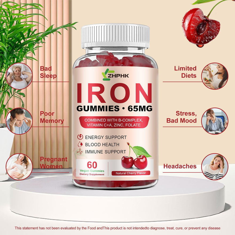 ZHPHK Iron Gummies label highlights non-GMO and gluten-free qualities
