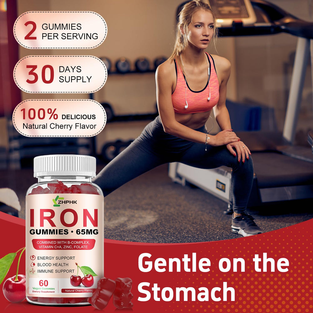 Packaging shot for ZHPHK Iron Gummies emphasizes GMP certification and safety