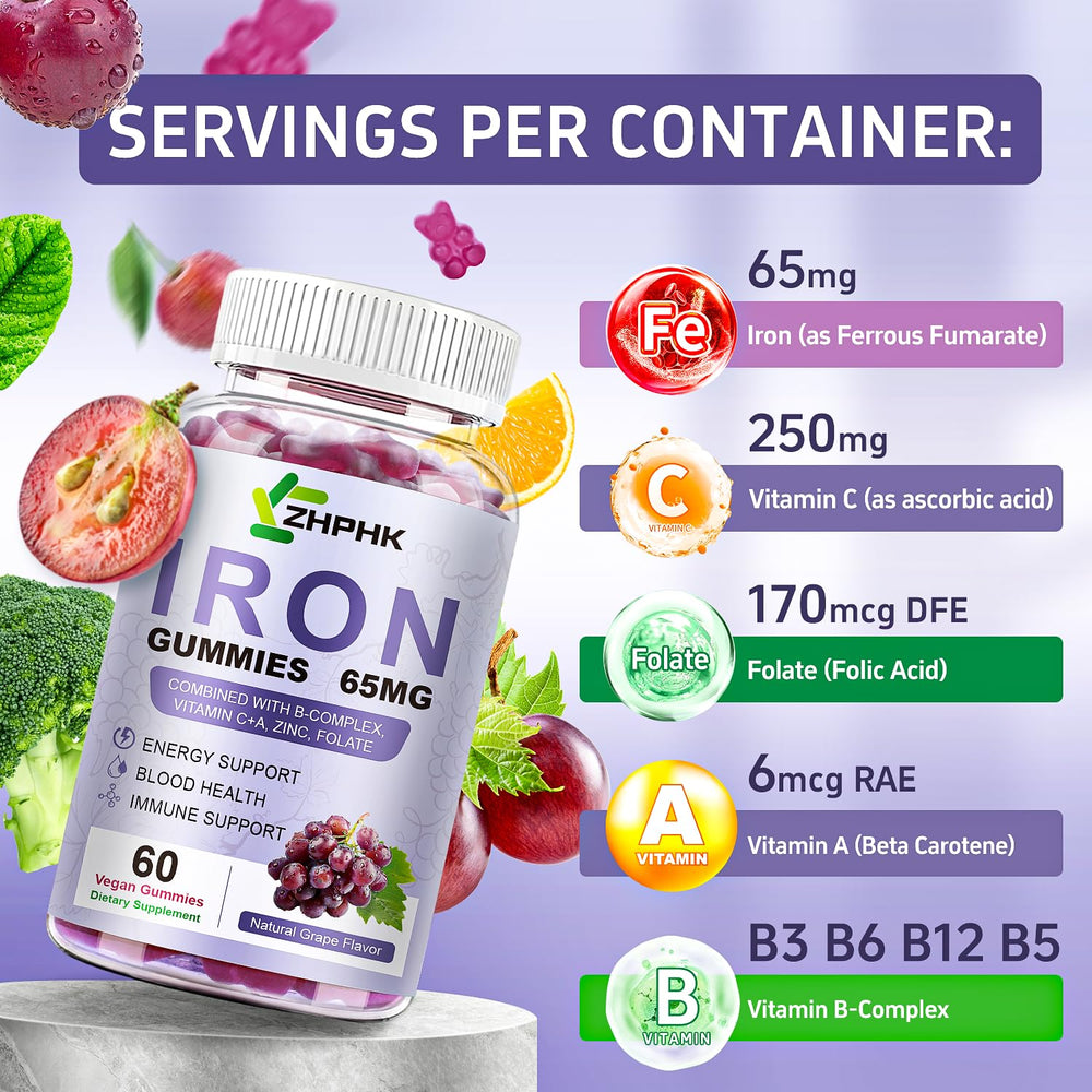 ZHPHK bottle highlighting vitamin C and folate ingredients for iron absorption