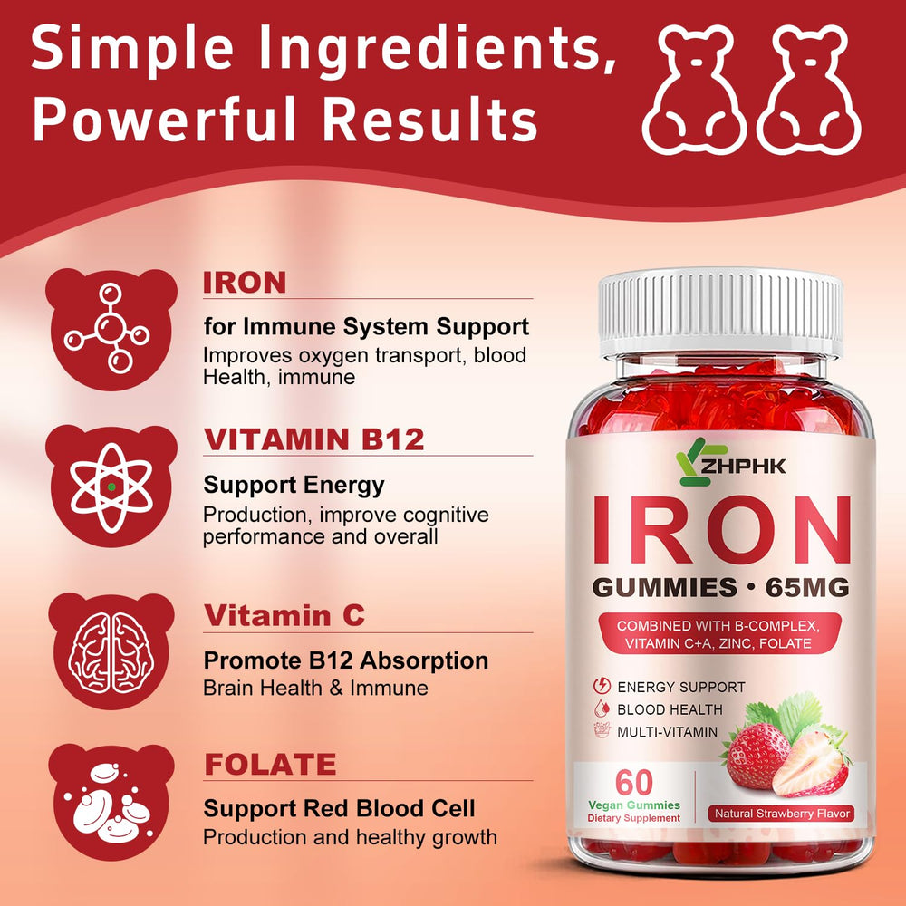 ZHPHK Iron Gummies packaging emphasizes no artificial colors or flavors.