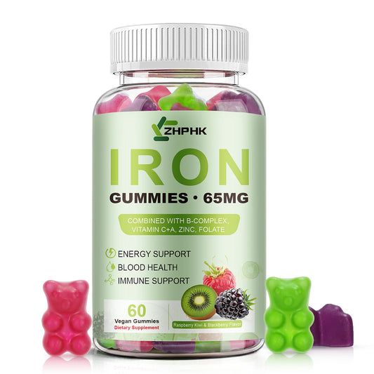 ZHPHK Iron Gummies bottle shows mixed berry flavor for daily energy