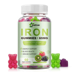 ZHPHK Iron Gummies bottle shows mixed berry flavor for daily energy