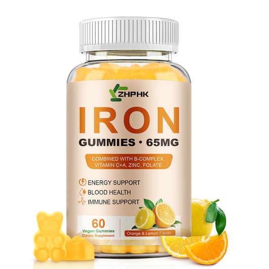 ZHPHK Iron Gummies bottle front showing 65mg iron for daily energy support
