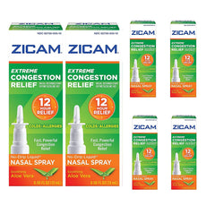 Zicam Extreme Congestion Relief nasal spray bottle shows six-pack packaging for on-the-go relief