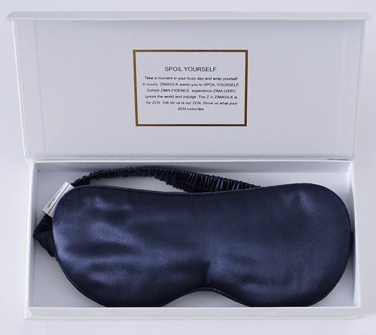 ZIMASILK navy eye mask front view blocks light for restful sleep.