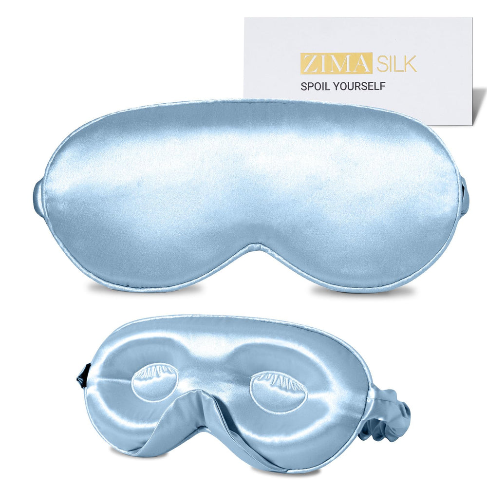 ZIMASILK sky-blue silk sleep mask with 3D contour for comfortable, dark sleep.